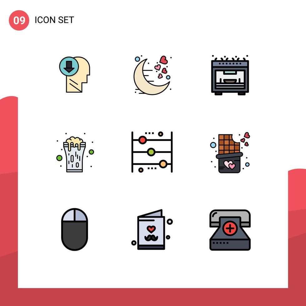 interface mobile fillline plat couleur ensemble de 9 pictogrammes de boisson célébrer la nuit four en verre éléments de conception vectoriels modifiables vecteur