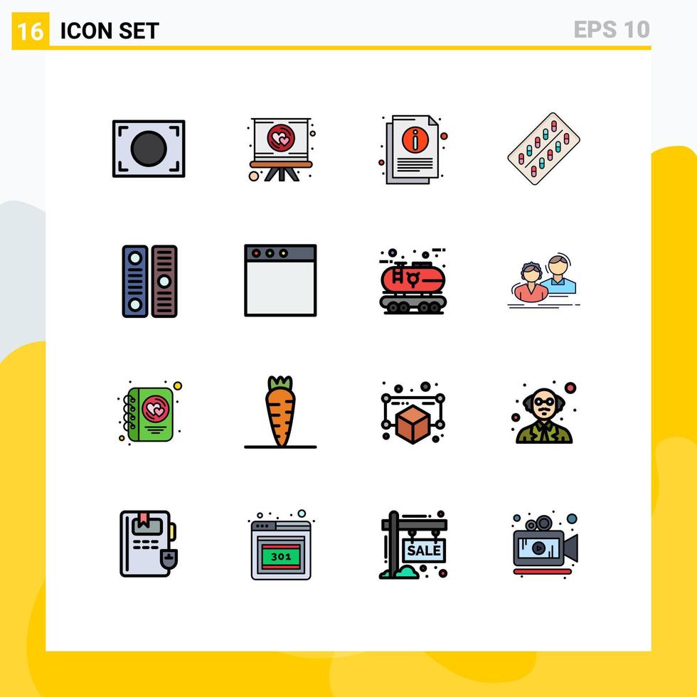 ensemble moderne de 16 lignes et symboles remplis de couleurs plates tels que des éléments de conception vectoriels créatifs modifiables de pilule d'information de paquet de répertoire vecteur