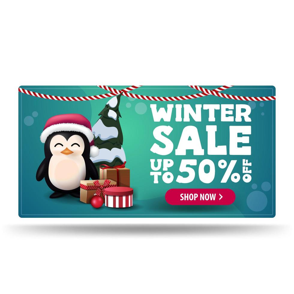 soldes d'hiver, bannière de réduction verte avec pingouin vecteur