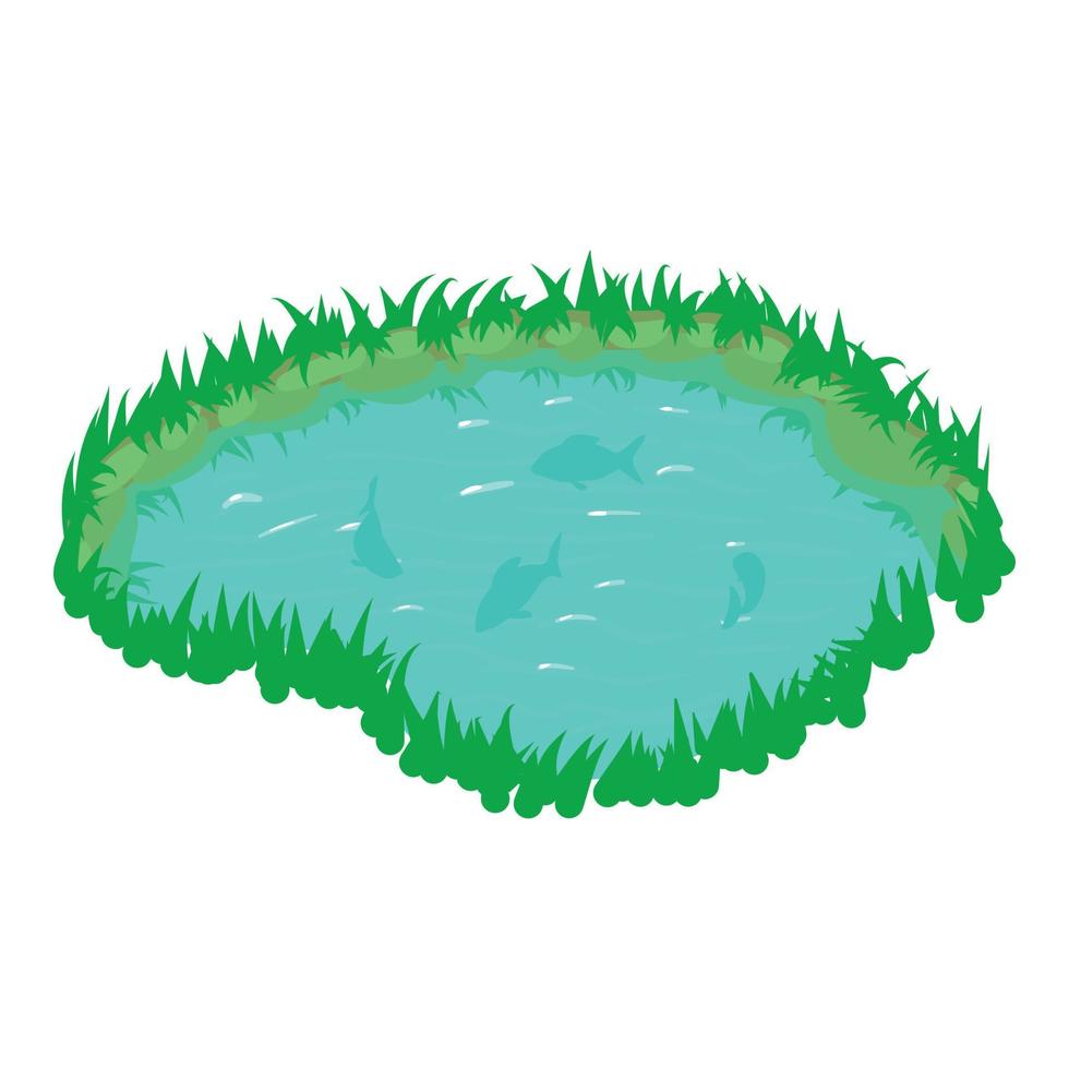 vecteur isométrique d'icône de lac naturel. petit lac bleu avec icône de poisson nageant