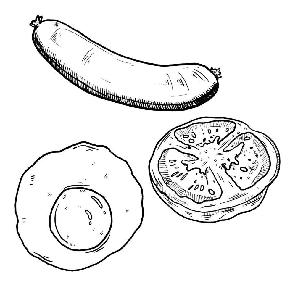 ensemble de croquis et dessinés à la main petit déjeuner déjeuner repas saucisse oeuf au plat et tranche de tomate vecteur