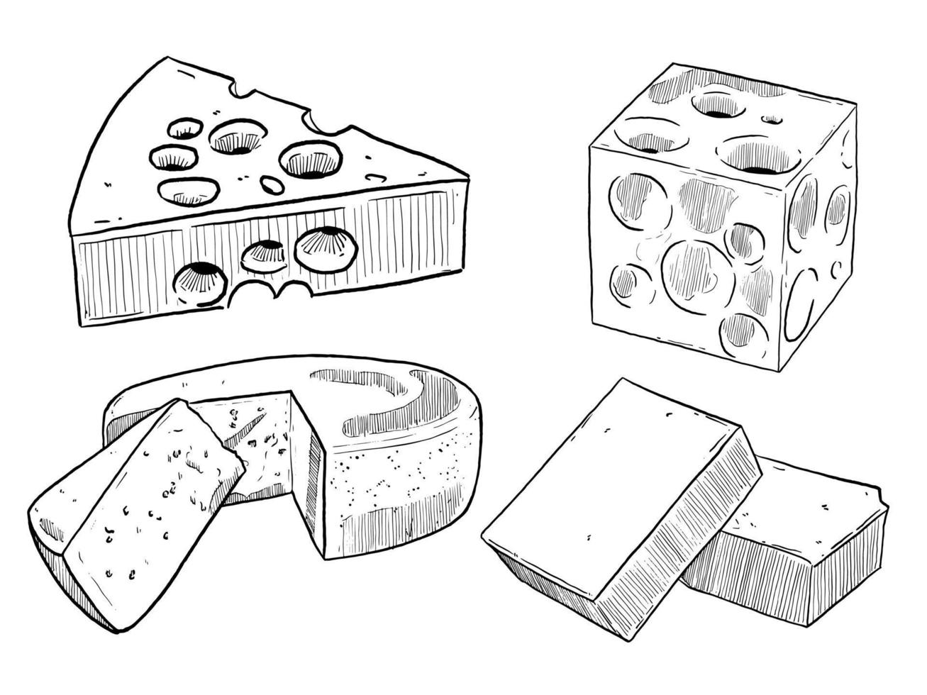 ensemble de croquis et d'éléments de fromage et de beurre dessinés à la main vecteur