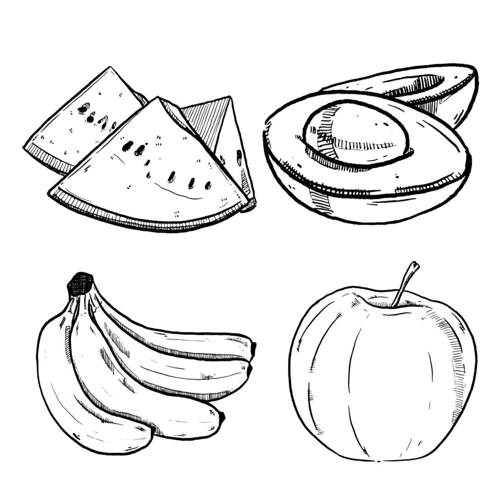 ensemble de croquis et fruits dessinés à la main pastèque avocat banane et pomme vecteur