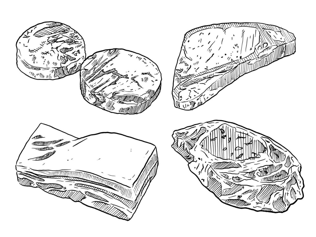 ensemble de croquis et éléments dessinés à la main steak de viande poitrine de porc et ensemble de collecte de viande de surlonge vecteur