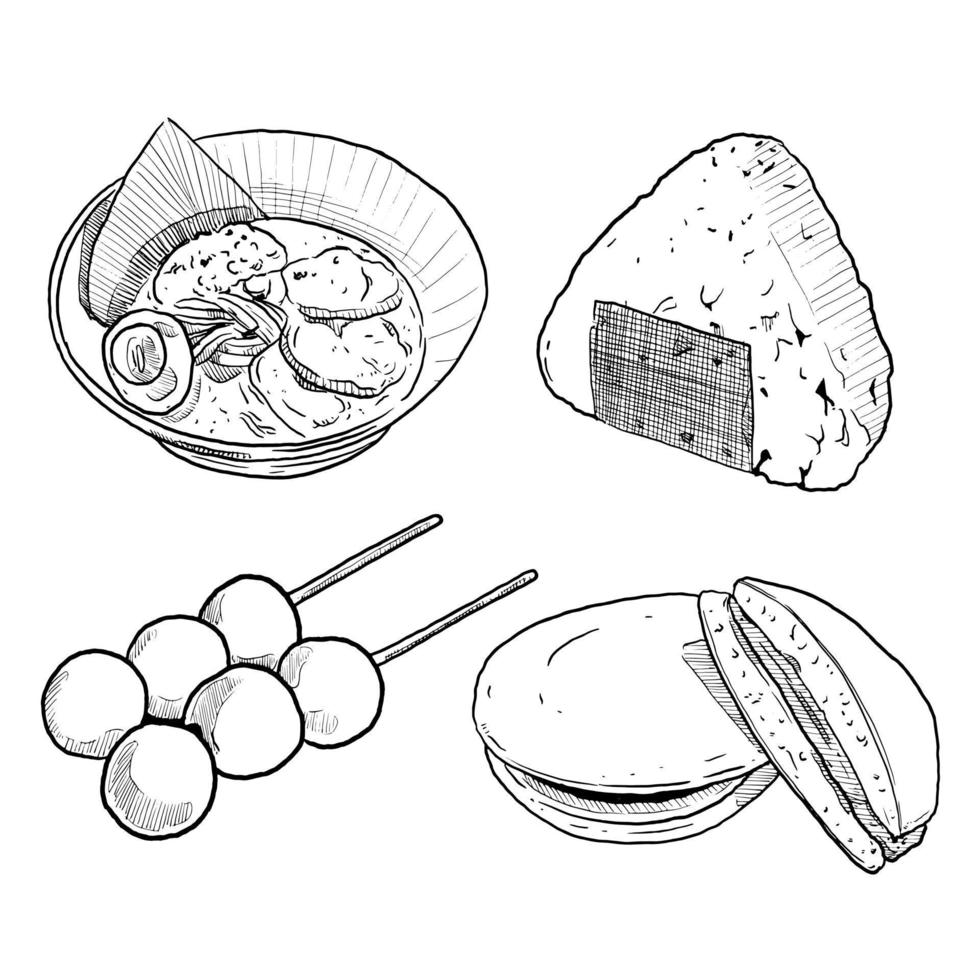 ensemble de croquis et de cuisine japonaise dessinée à la main ramen onigiri dango et dorayaki vecteur