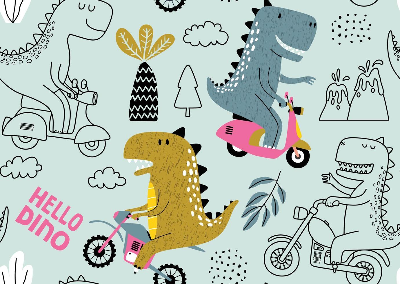 modèle sans couture avec dinosaure mignon conduisant une moto. vecteur