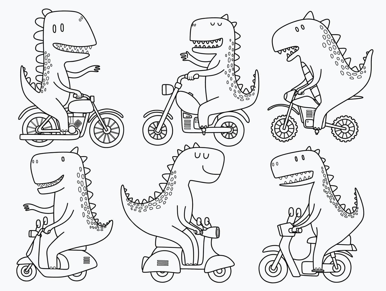 doodle ensemble de dinosaures mignons à moto. vecteur