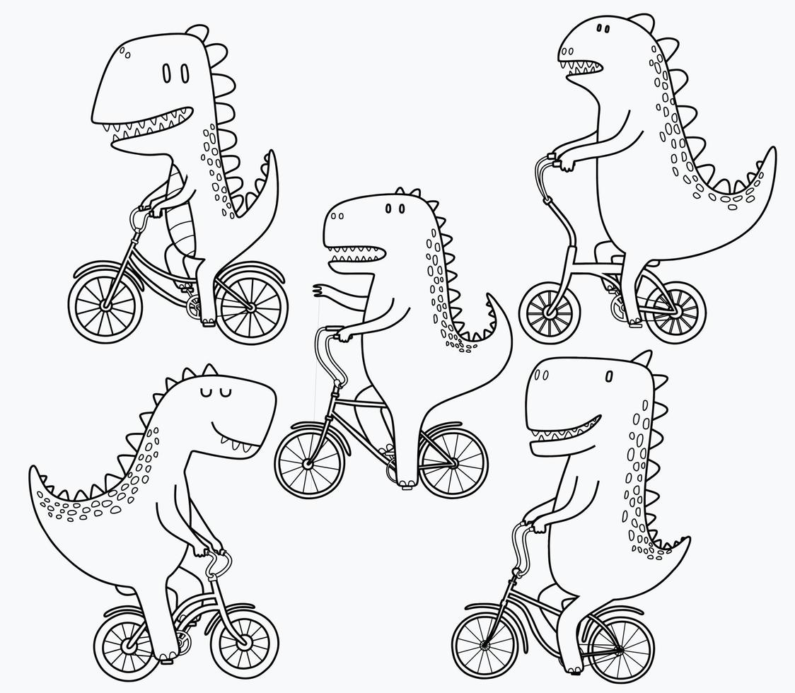 doodle ensemble de dinosaures mignons faisant du vélo. vecteur