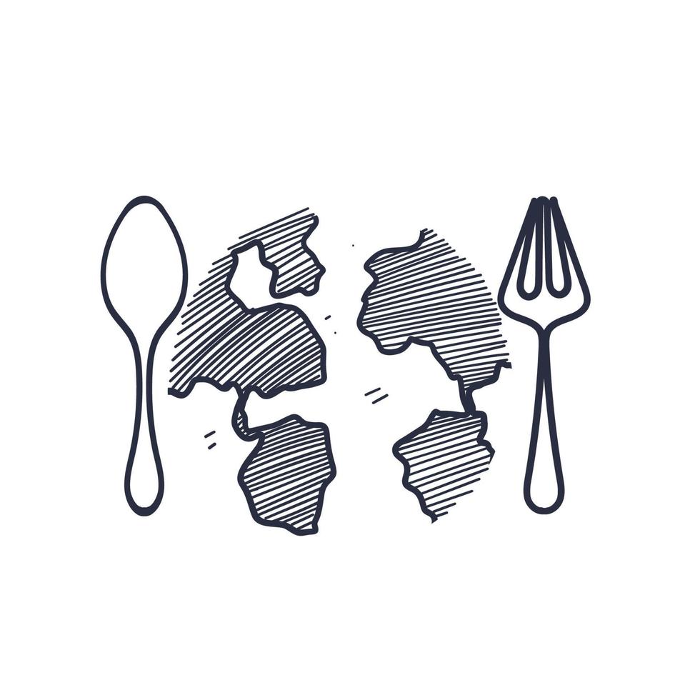 fourchette et cuillère doodle dessinés à la main avec vecteur d'illustration globe