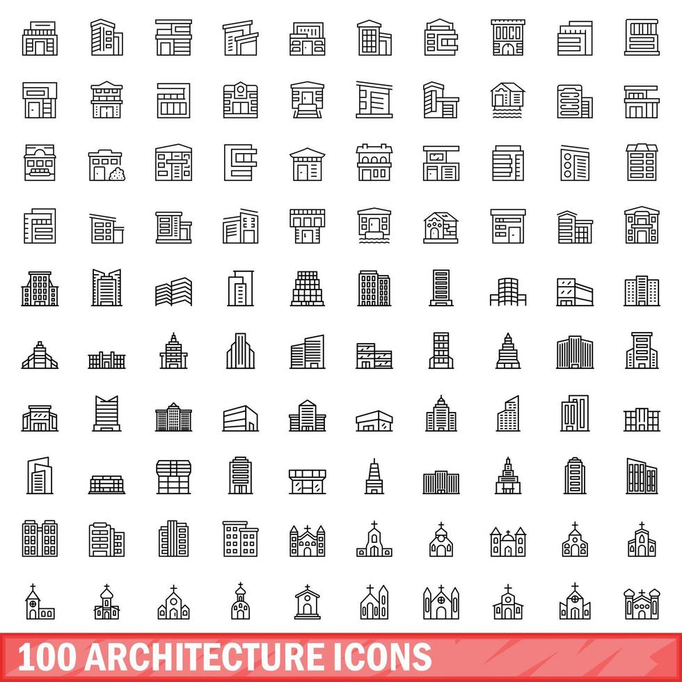 Ensemble de 100 icônes d'architecture, style de contour vecteur