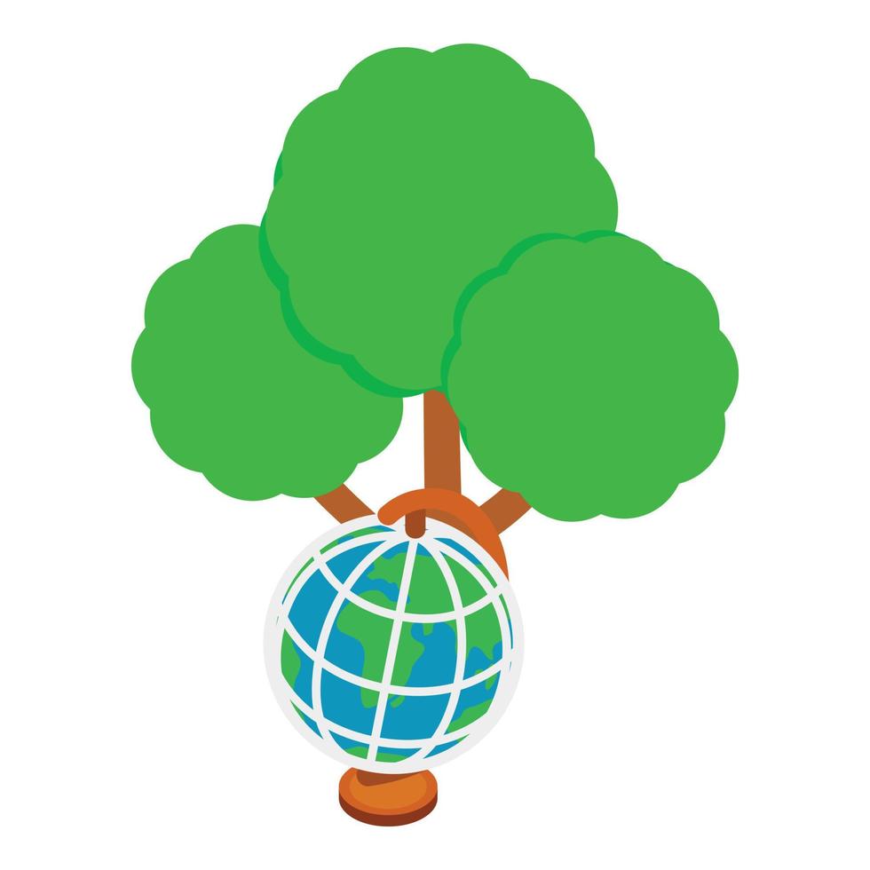 vecteur isométrique d'icône de concept écologique. globe de la planète terre debout sous l'arbre