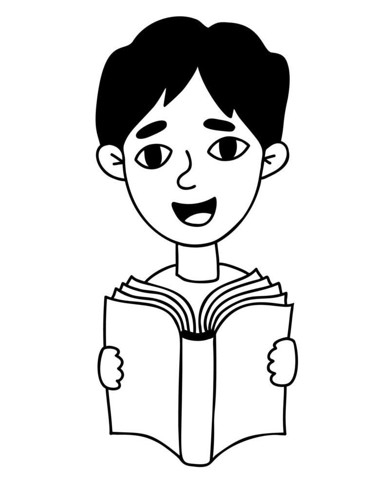 portrait d'un garçon mignon souriant lisant un livre. doodle vectoriel linéaire dessiné à la main. concept de personnage enfant avec livre.