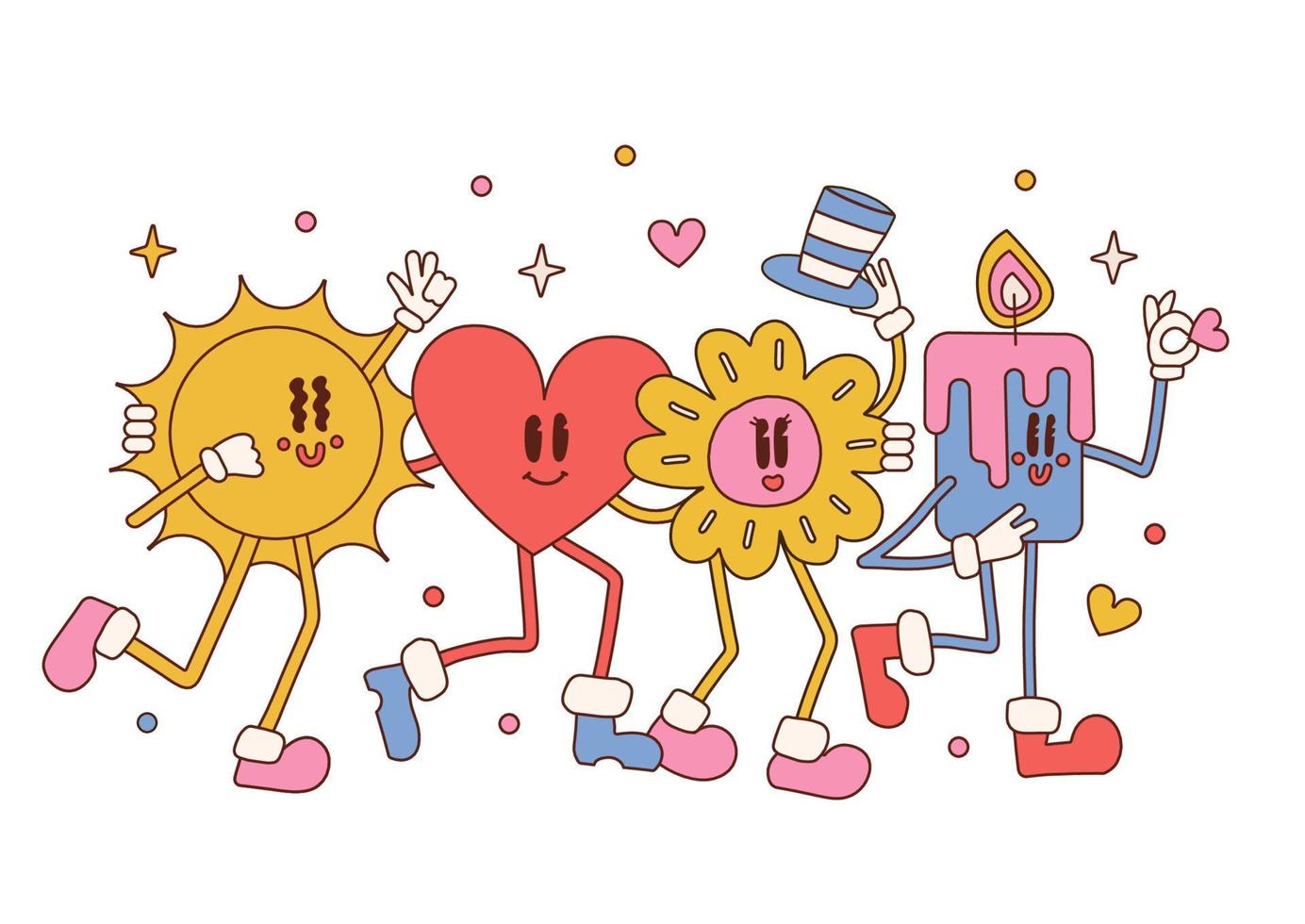 célébration de la saint valentin. groupe groovy de personnages rétro de bandes dessinées vintage des années 50, toons. coeur de dessin animé, soleil, fleur et bougie avec jambes et bras de gants. mascottes hippies s'amusant. vecteur