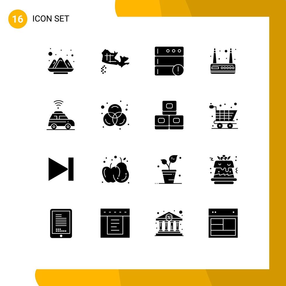 16 glyphes solides universels définis pour les applications web et mobiles conception carte emplacement de la base de données éléments de conception vectoriels modifiables wifi vecteur