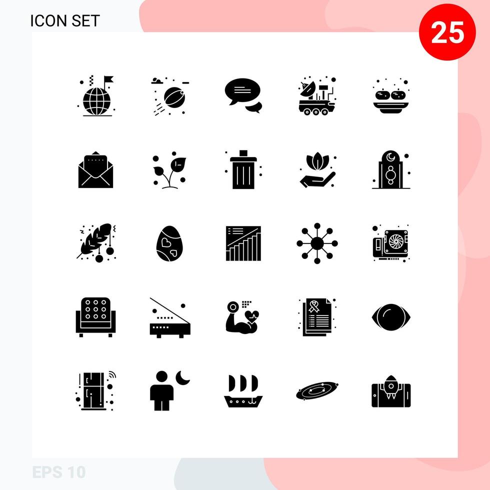interface mobile glyphe solide ensemble de 25 pictogrammes d'éléments de conception vectoriels modifiables de la science de l'espace de messagerie alimentaire indienne vecteur