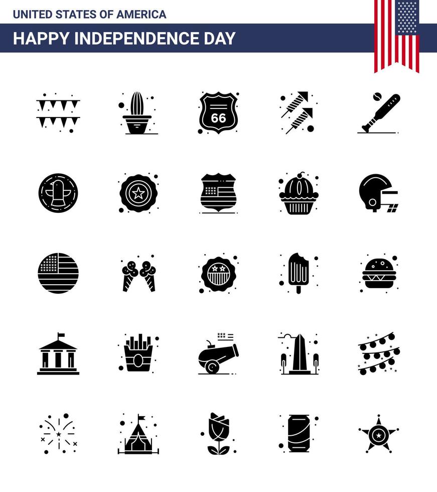 ensemble moderne de 25 glyphes et symboles solides le jour de l'indépendance des états-unis tels que le bouclier de balle de chauve-souris tirer sur le feu éléments de conception vectoriels modifiables de la journée des états-unis vecteur