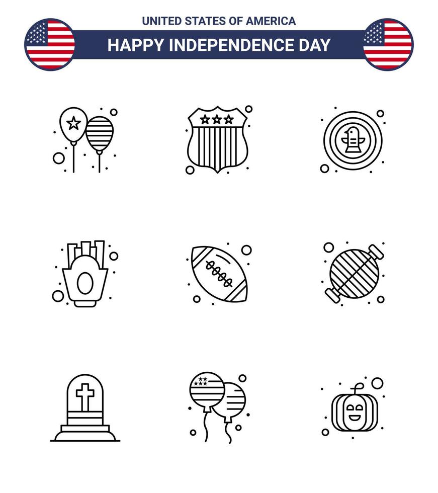 joyeux jour de l'indépendance 9 lignes pack d'icônes pour le web et l'impression boule frites insigne de frites américaines modifiables éléments de conception vectoriels usa day vecteur