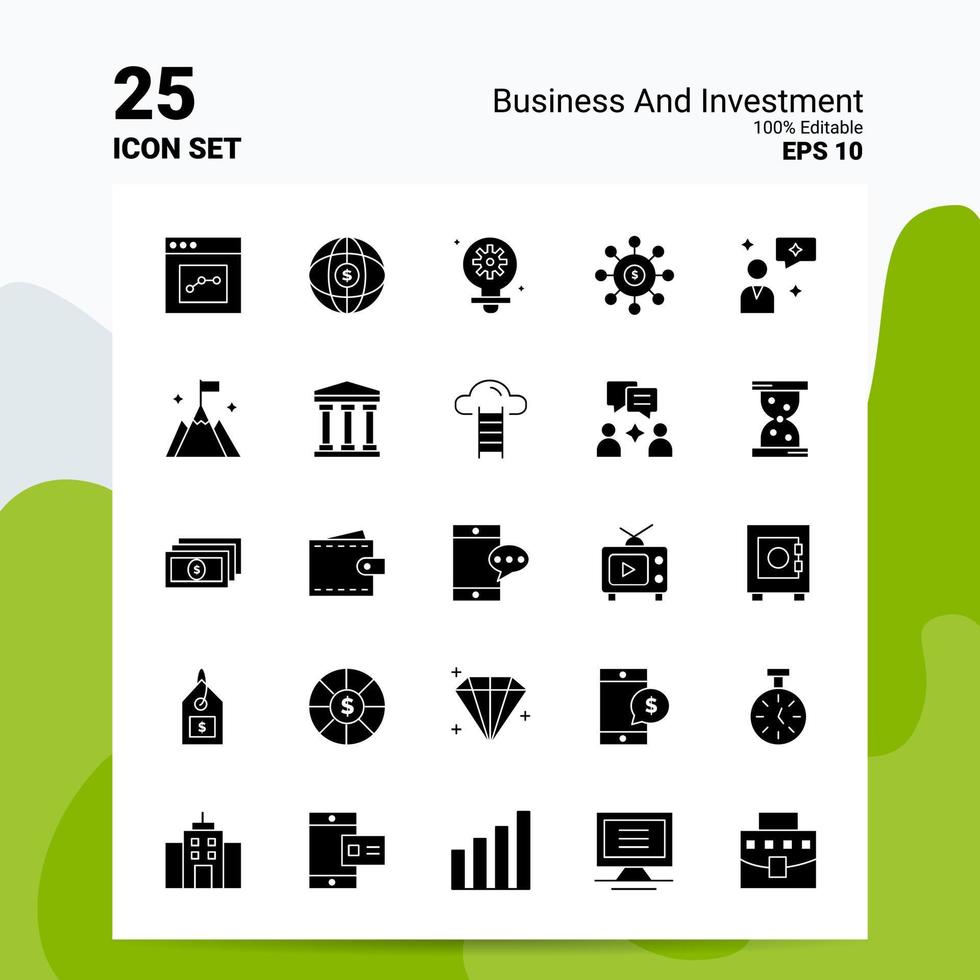 25 affaires et investissement jeu d'icônes 100 eps modifiables 10 fichiers idées de concept de logo d'entreprise conception d'icône de glyphe solide vecteur