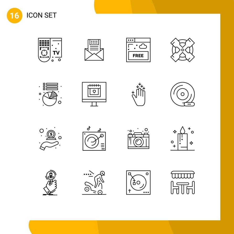 16 ensemble de contours d'interface utilisateur de signes et symboles modernes de la technologie de l'outil enveloppe accès internet éléments de conception vectoriels modifiables vecteur