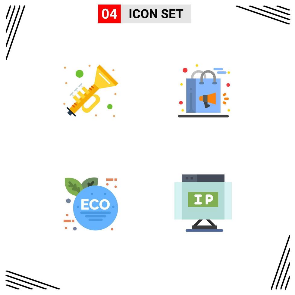 pack de 4 icônes plates modernes signes et symboles pour les supports d'impression Web tels que les cornes éco vert musique marketing feuille verte éléments de conception vectoriels modifiables vecteur