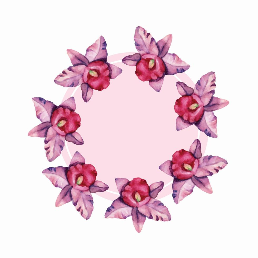 couronne d'orchidée, cadre rond. modèle de conception florale rose avec des fleurs d'orchidées aquarelles. illustration d'aquarelles vectorielles vecteur