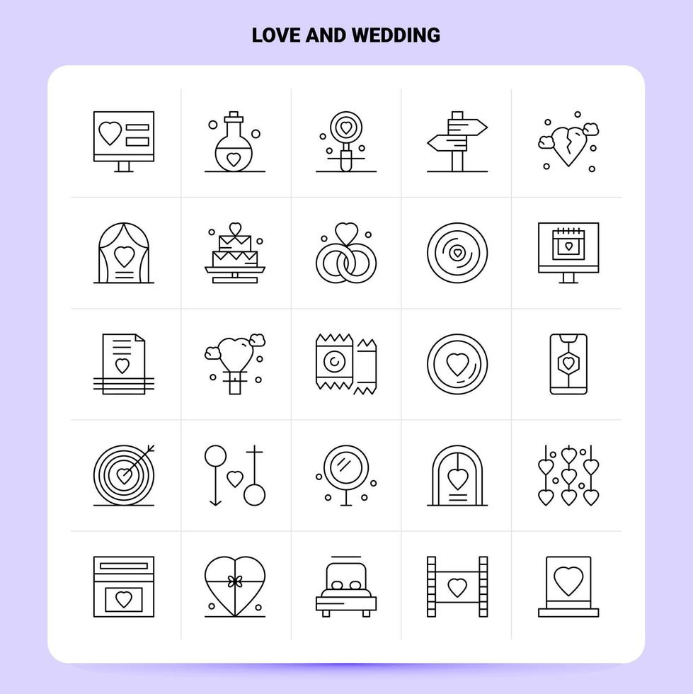 contour 25 amour et mariage jeu d'icônes vecteur ligne style conception icônes noires ensemble pictogramme linéaire pack web et mobile idées d'affaires conception illustration vectorielle