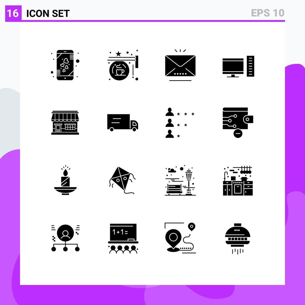 groupe de 16 signes et symboles de glyphes solides pour les éléments de conception vectoriels modifiables ouverts de bureau de signe de pc de magasin vecteur