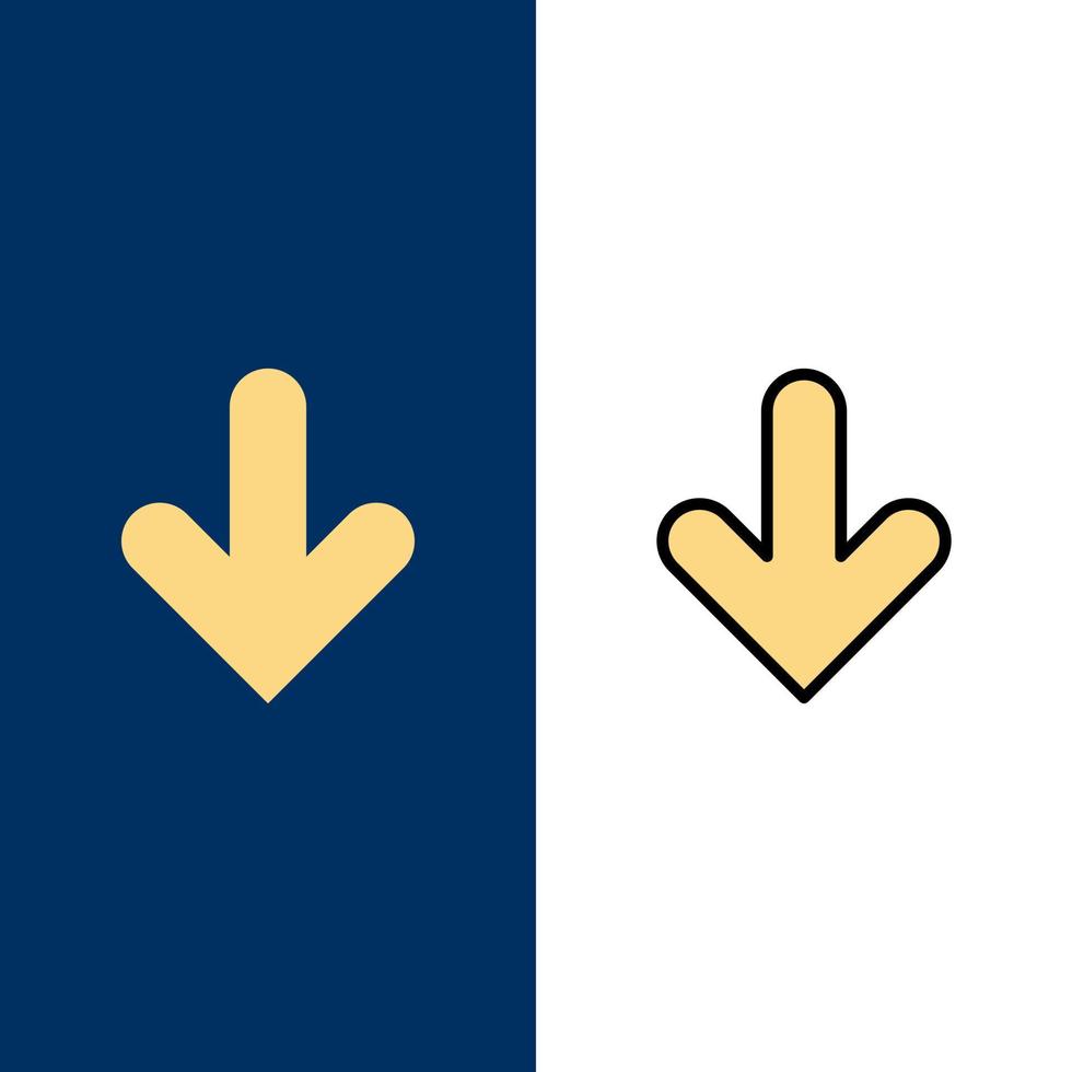 flèche vers le bas direction icônes de téléchargement plat et ligne remplie icône ensemble vecteur fond bleu