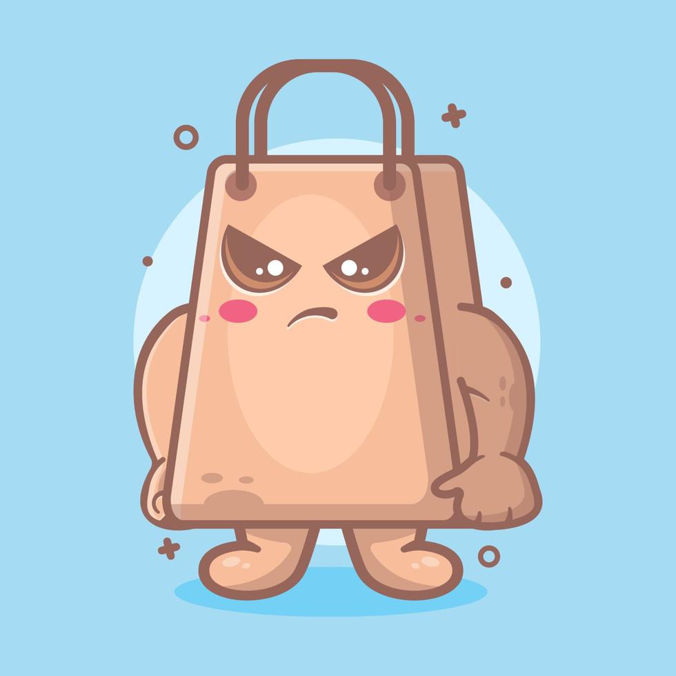 mascotte de personnage de sac à provisions sérieux avec expression de colère dessin animé isolé dans un style plat vecteur