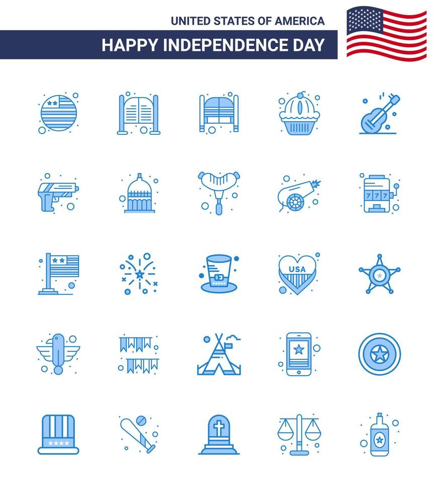 usa joyeux jour de l'indépendance ensemble de pictogrammes de 25 blues simples de sécurité américain américain usa guiter modifiable usa day vector design elements