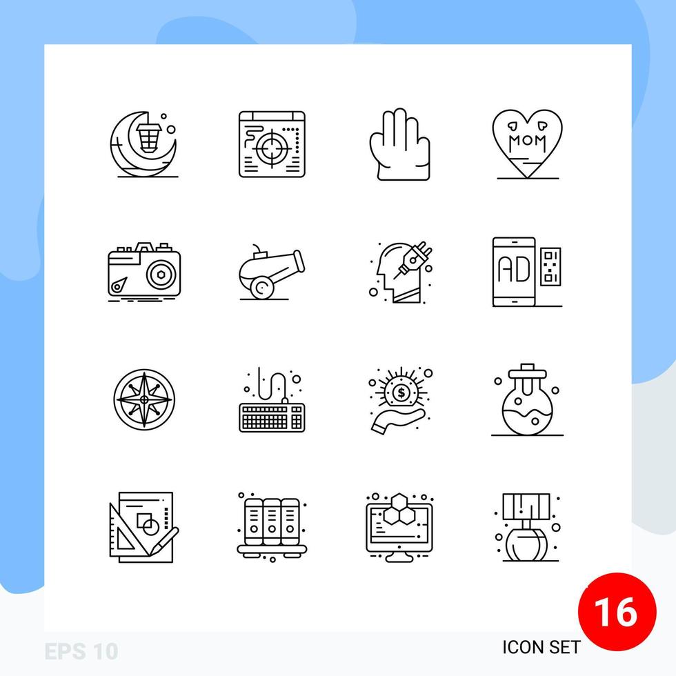 contour de l'interface mobile ensemble de 16 pictogrammes de photographie photo saisir caméra maman éléments de conception vectoriels modifiables vecteur