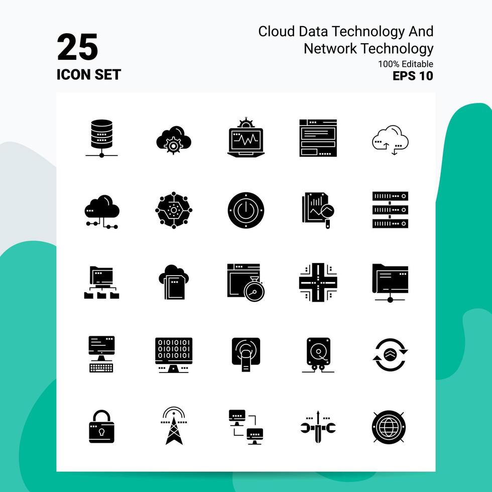 25 technologie de données cloud et technologie de réseau jeu d'icônes 100 fichiers eps modifiables 10 idées de concept de logo d'entreprise conception d'icône de glyphe solide vecteur