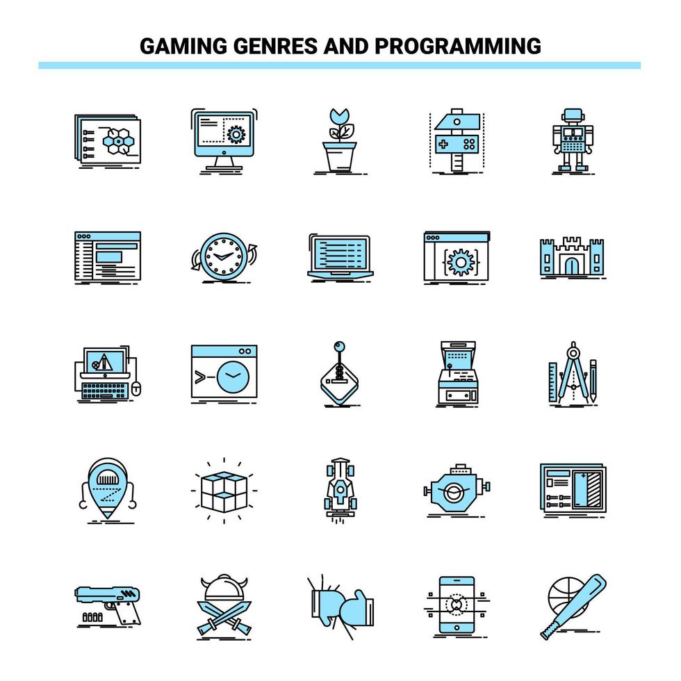 25 genres de jeu et jeu d'icônes noir et bleu de programmation. conception d'icône créative et modèle de logo vecteur