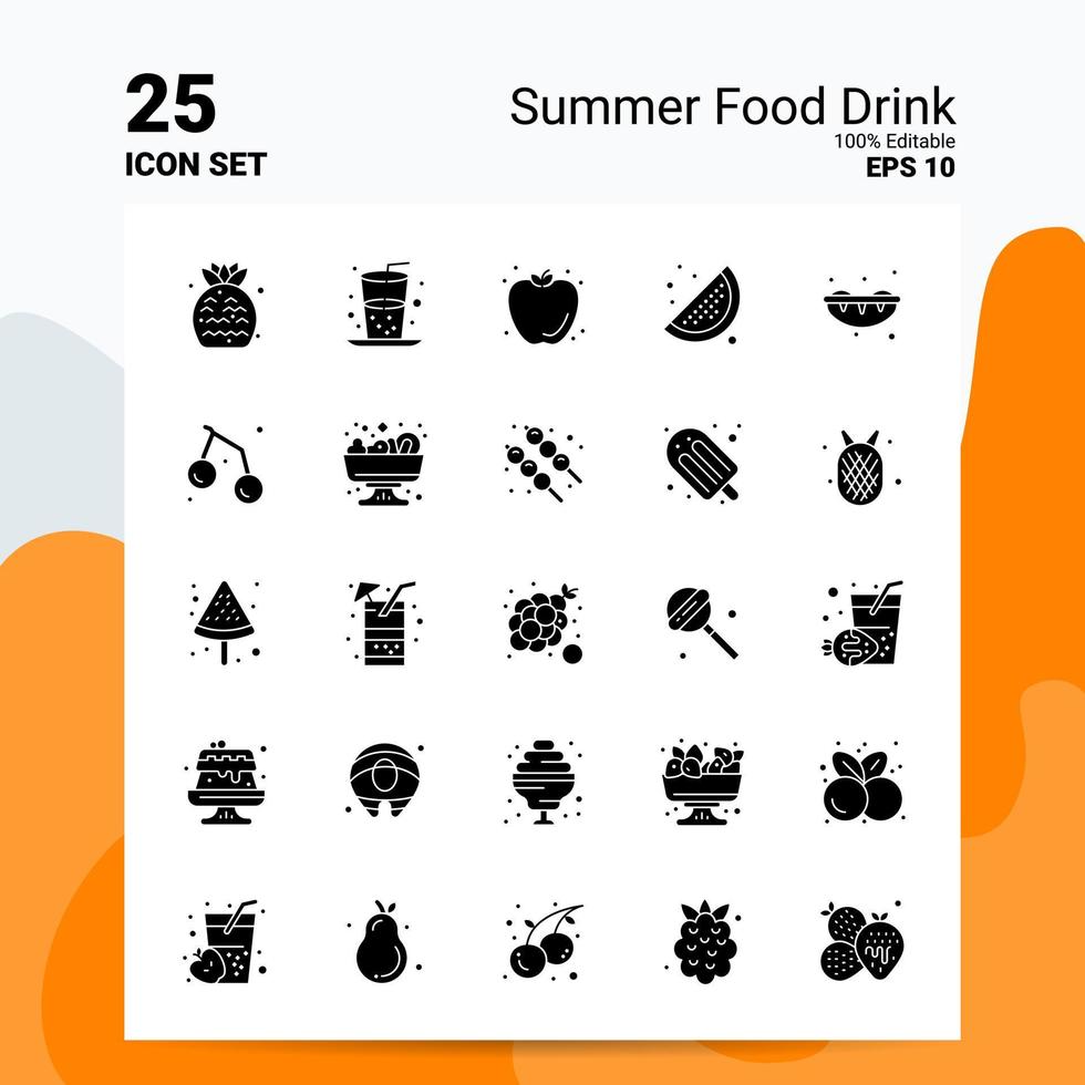 25 été nourriture boisson jeu d'icônes 100 eps modifiables 10 fichiers logo d'entreprise idées de concept conception d'icône de glyphe solide vecteur