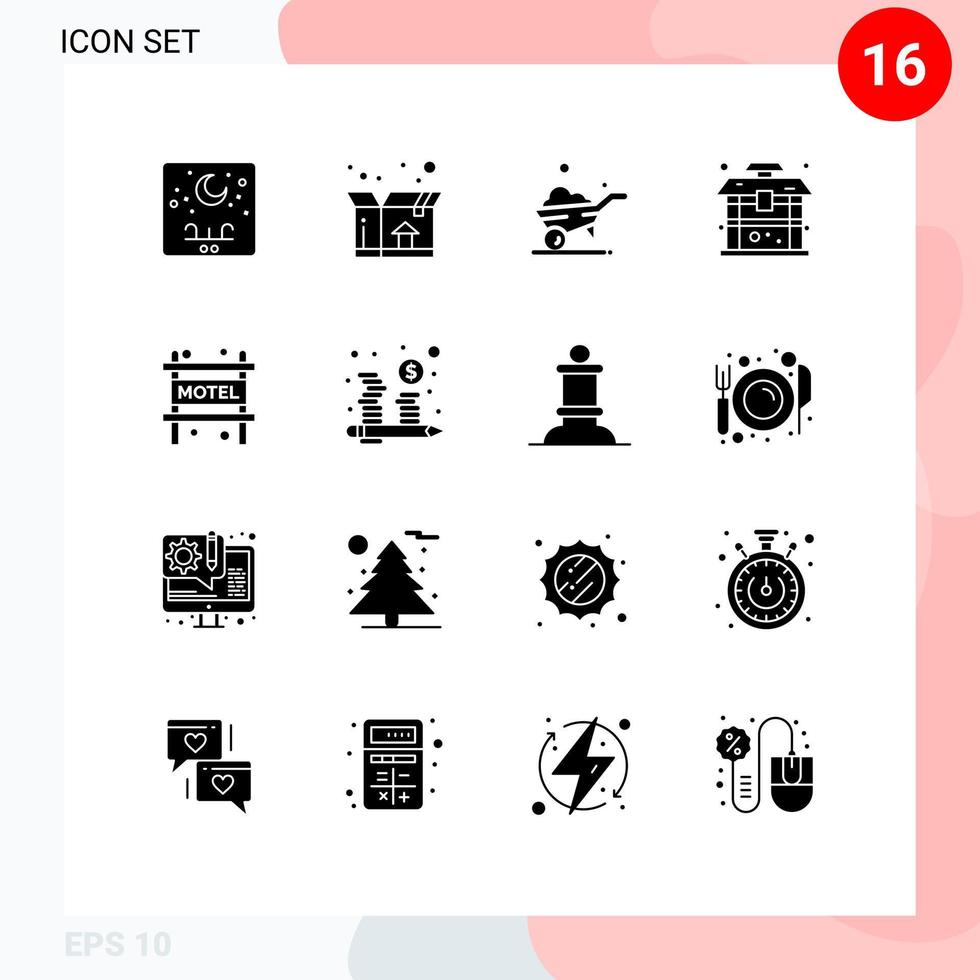 pack de 16 signes et symboles de glyphes solides modernes pour les supports d'impression Web tels que l'hébergement de voyage une roue bâtiment chinois éléments de conception vectoriels modifiables vecteur