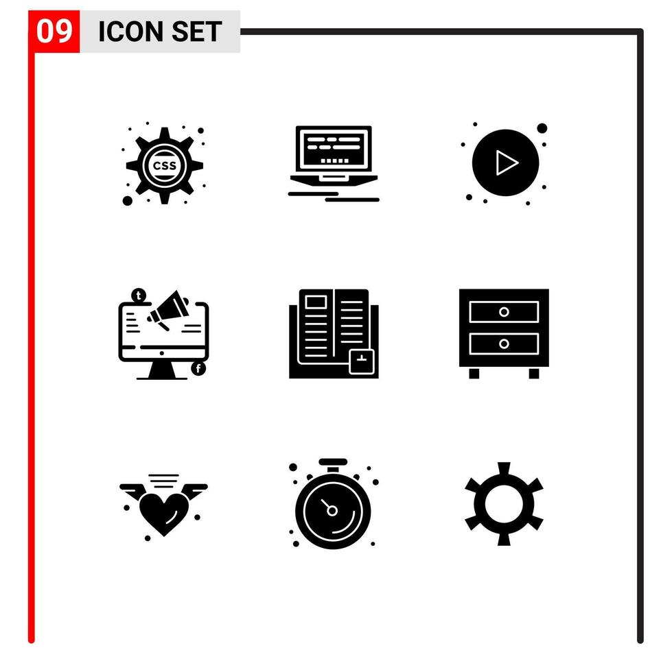 ensemble de 9 glyphes solides vectoriels sur la grille pour le livre de connaissances jouer annonce publicitaire éléments de conception vectoriels modifiables vecteur