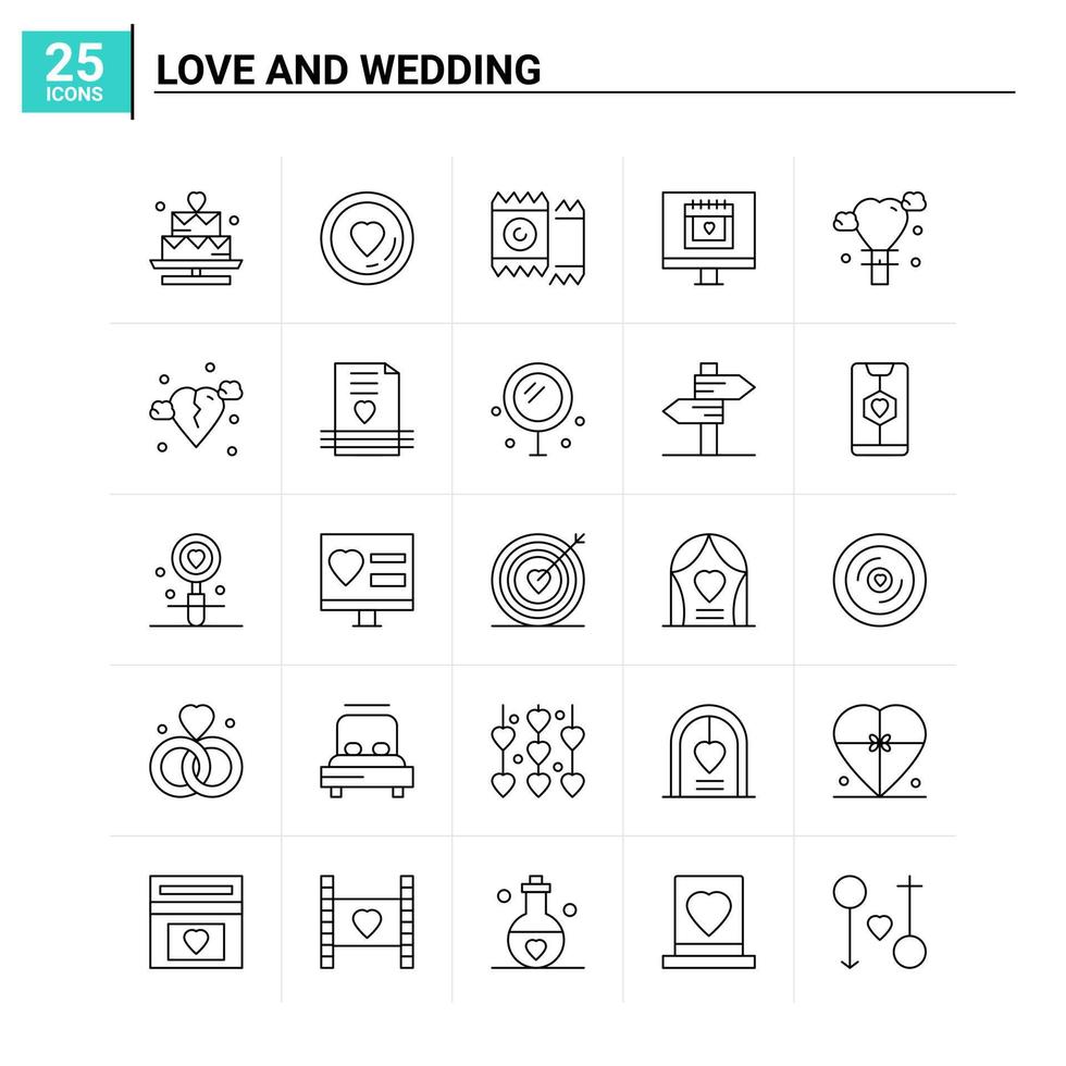 25 amour et mariage icon set vector background