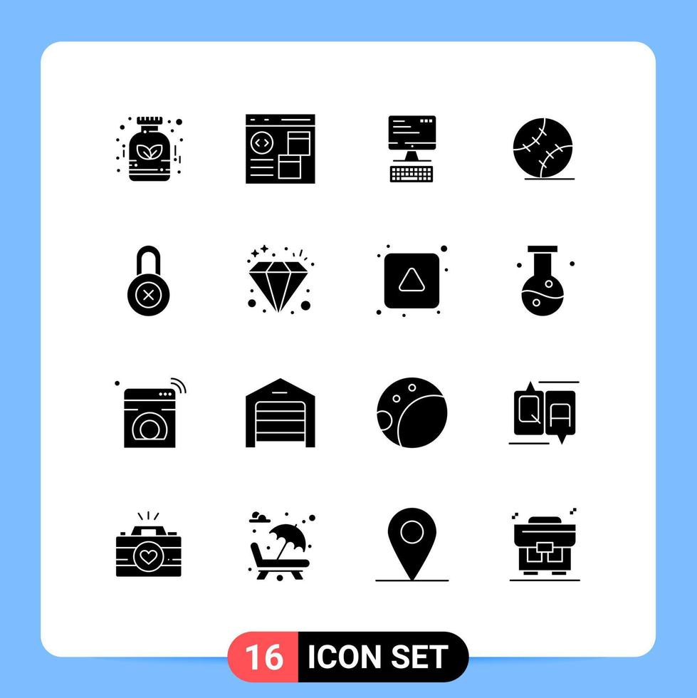 pack de 16 signes et symboles de glyphes solides modernes pour les supports d'impression Web tels que le développement du sport de verrouillage baseball informatique éléments de conception vectoriels modifiables vecteur