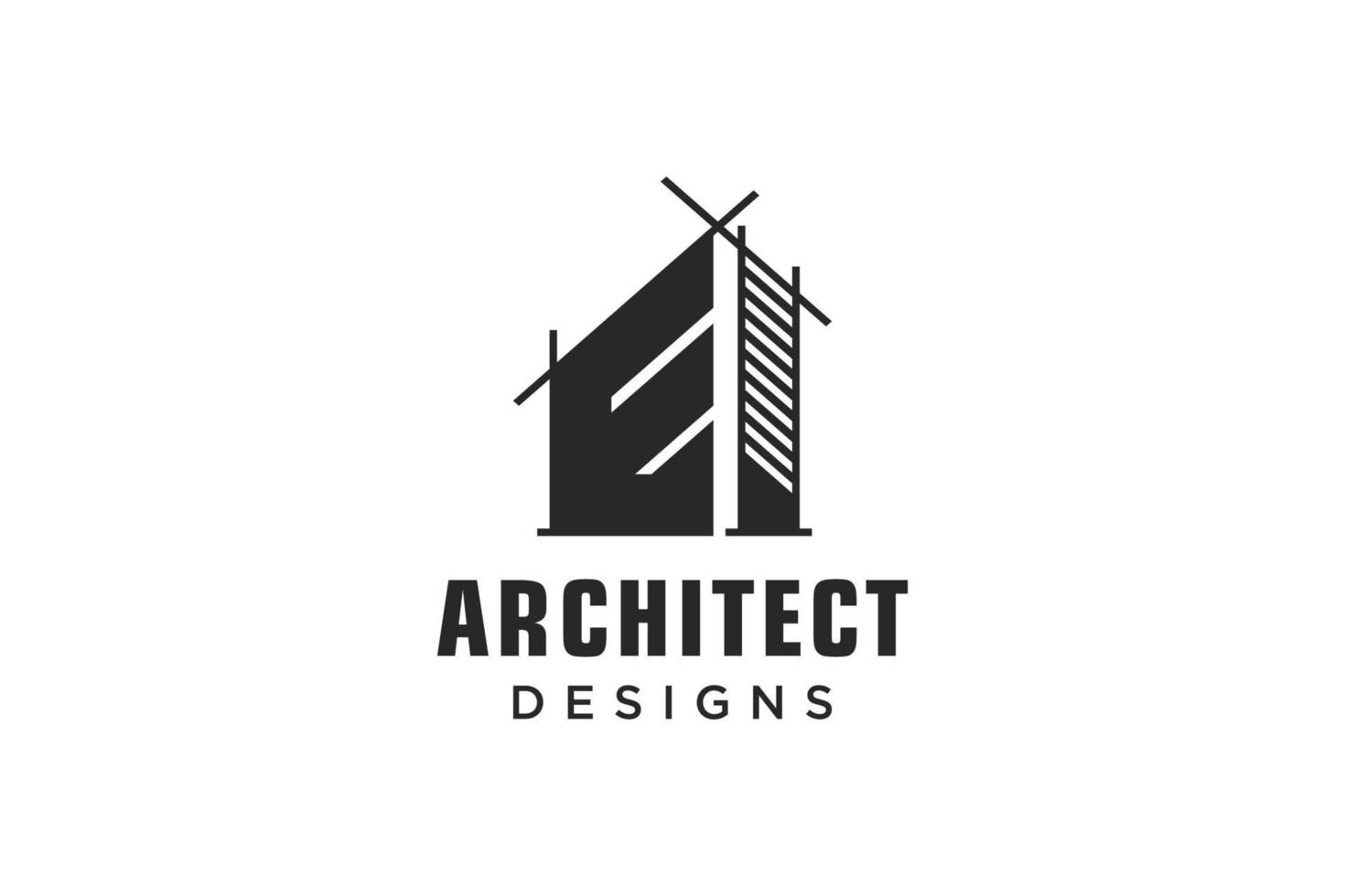 lettre e simple création de logo d'architecture de bâtiment moderne avec graphique de gratte-ciel d'art en ligne vecteur