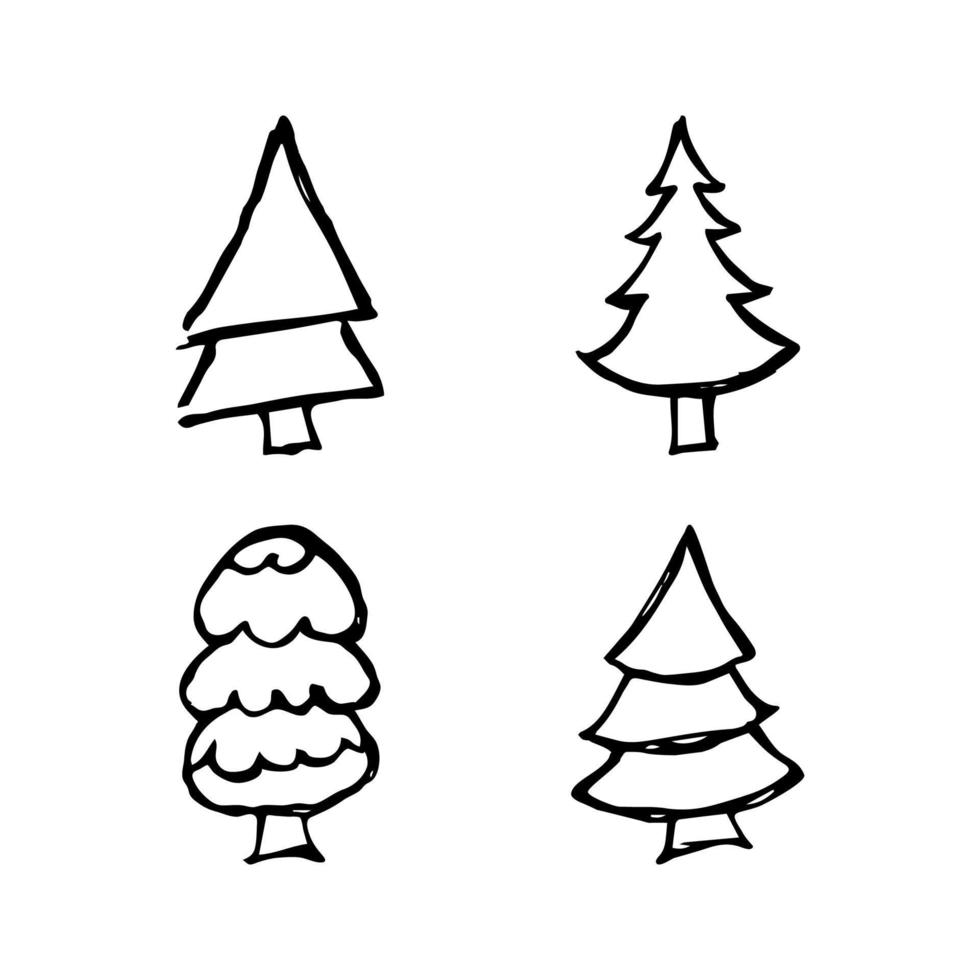 arbres de noël dessinés à la main. ensemble de quatre illustrations monochromes esquissées de sapins. éléments de doodle de vacances d'hiver. illustration vectorielle vecteur