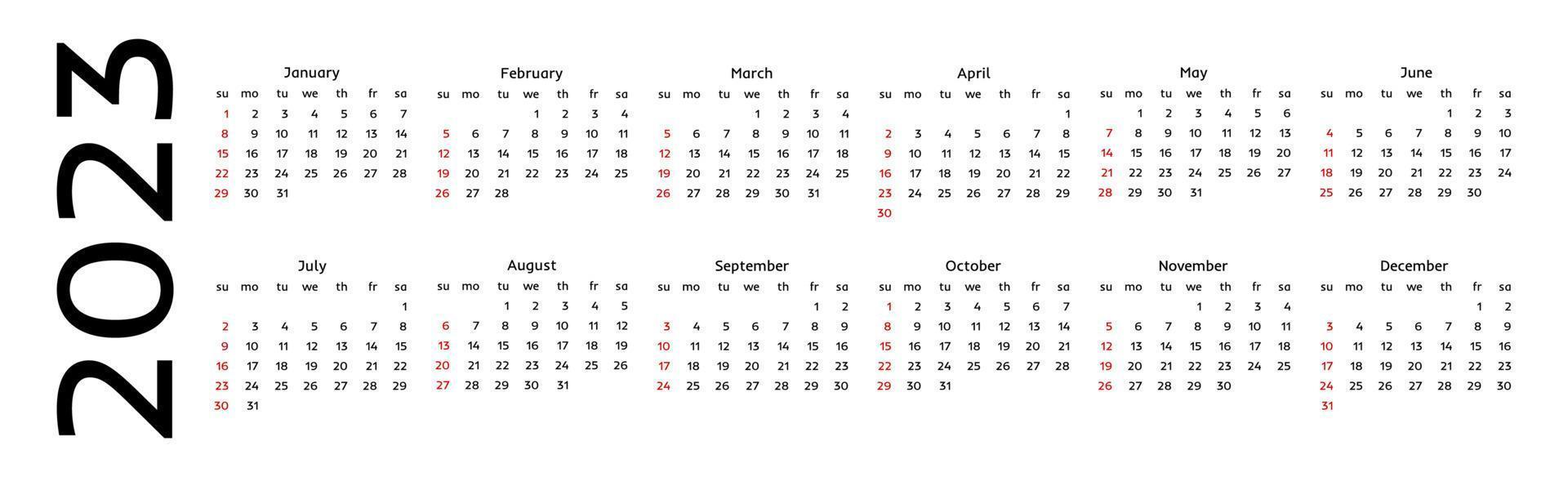 calendrier horizontal pour 2023 isolé sur fond blanc. du dimanche au lundi, modèle d'entreprise. illustration vectorielle vecteur