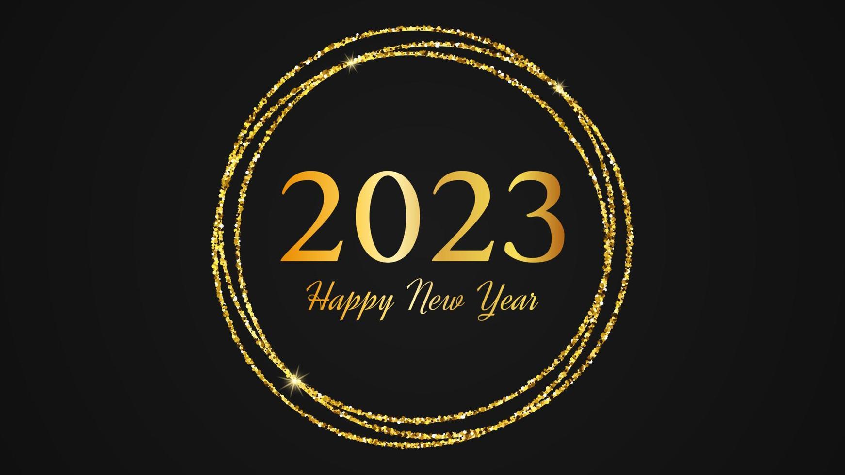 Fond de bonne année 2023. inscription dorée dans un cercle de paillettes dorées pour carte de voeux, flyers ou affiches de vacances de noël. illustration vectorielle vecteur