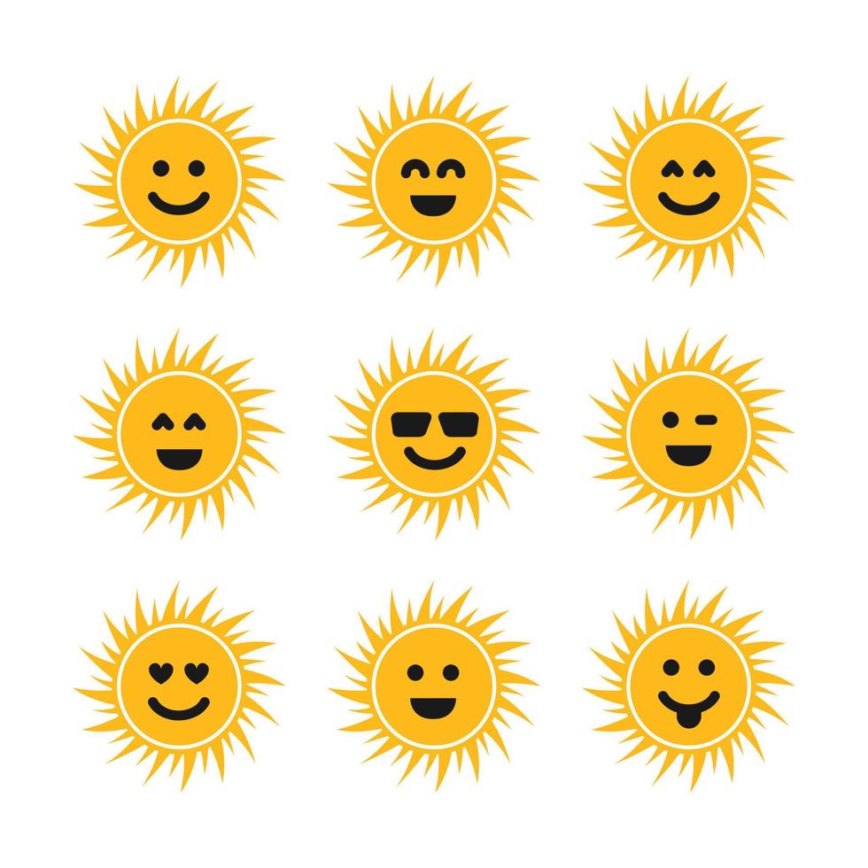 ensemble de soleils avec des sourires. neuf soleils jaunes avec différents smileys. illustration vectorielle vecteur