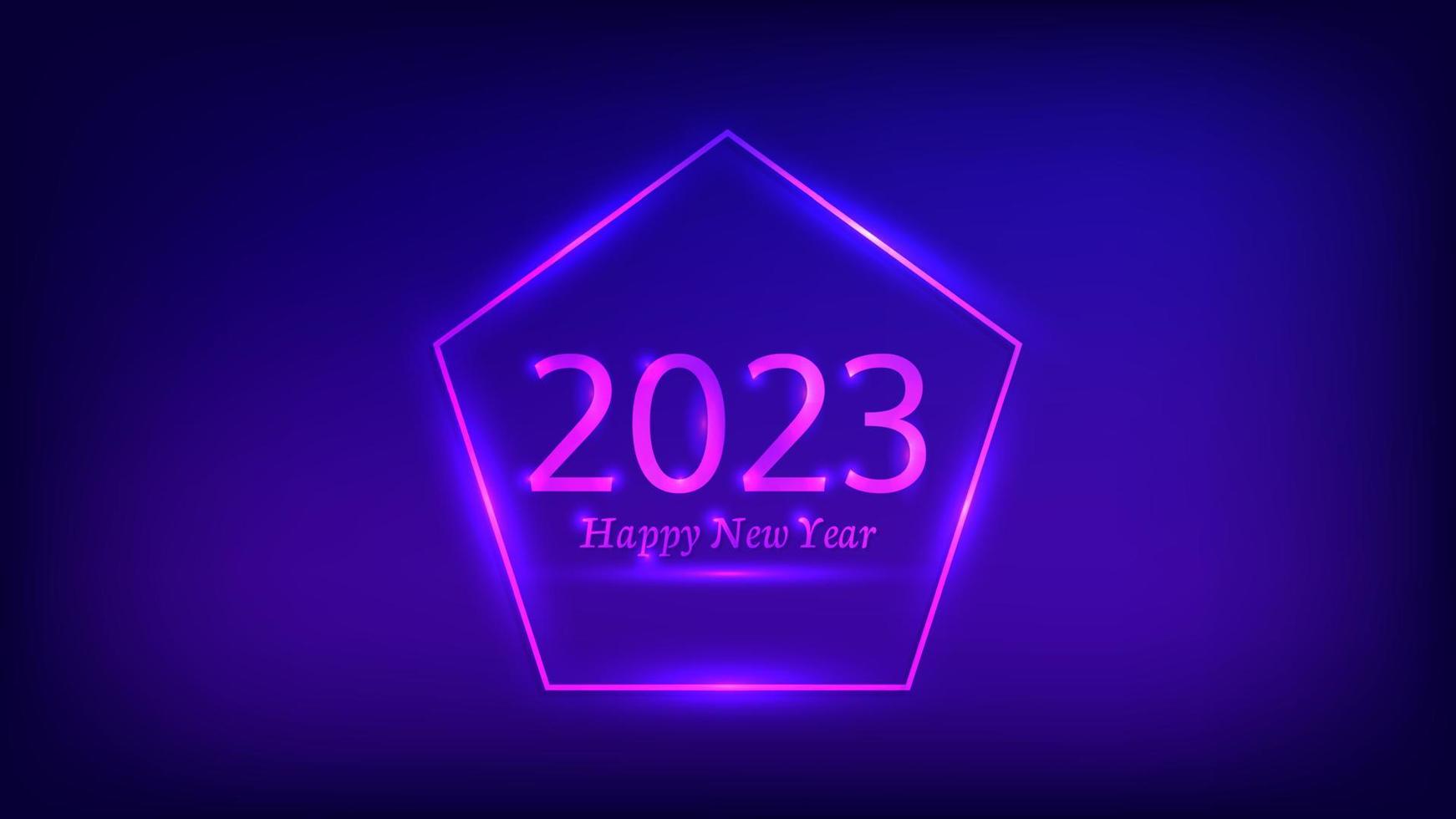 Bonne année 2023 fond néon. cadre néon sous forme de pentagone avec effets brillants pour carte de voeux, flyers ou affiches de vacances de noël. illustration vectorielle vecteur