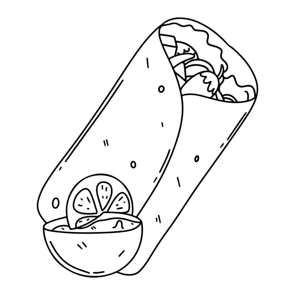 burrito dans un style doodle dessiné à la main. repas traditionnel mexicain. illustration vectorielle pour menu, affiche, web. vecteur