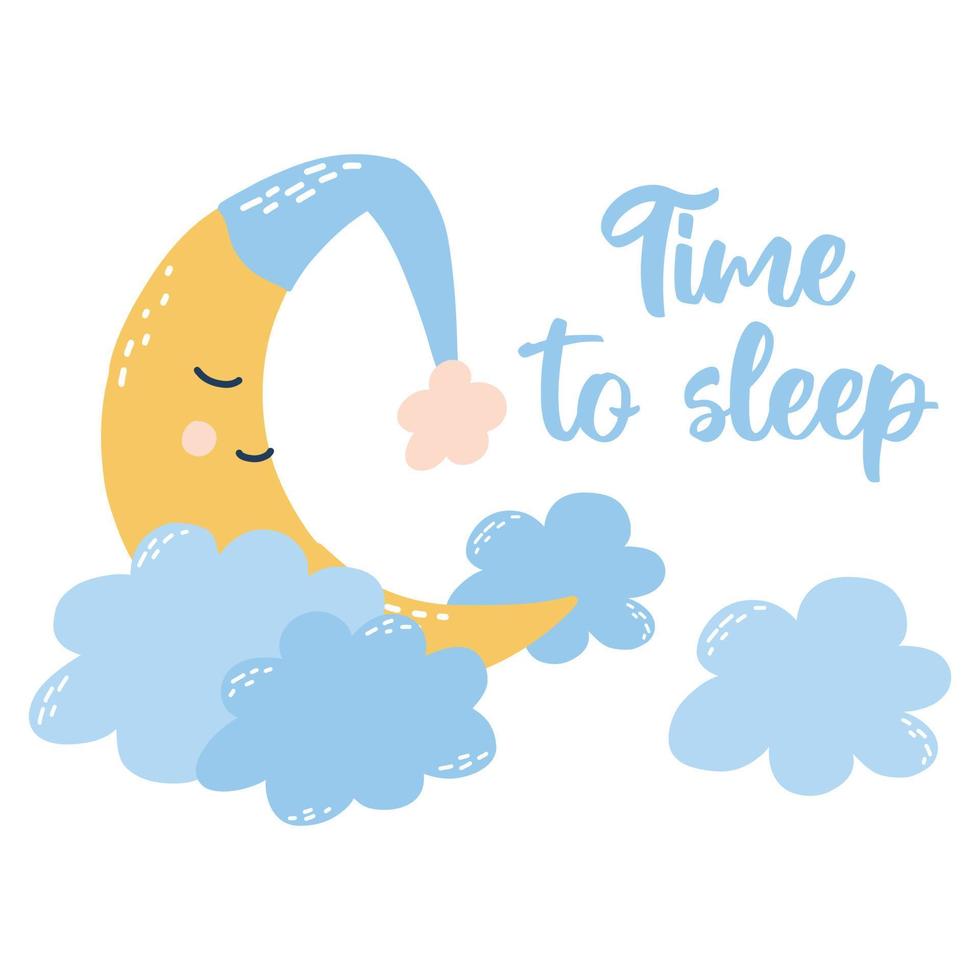 carte de bonne nuit bébé mignon. l'heure de dormir. affiche avec une jolie lune, des nuages et un bonnet de nuit. illustration vectorielle dans un style cartoon dessiné à la main. vecteur