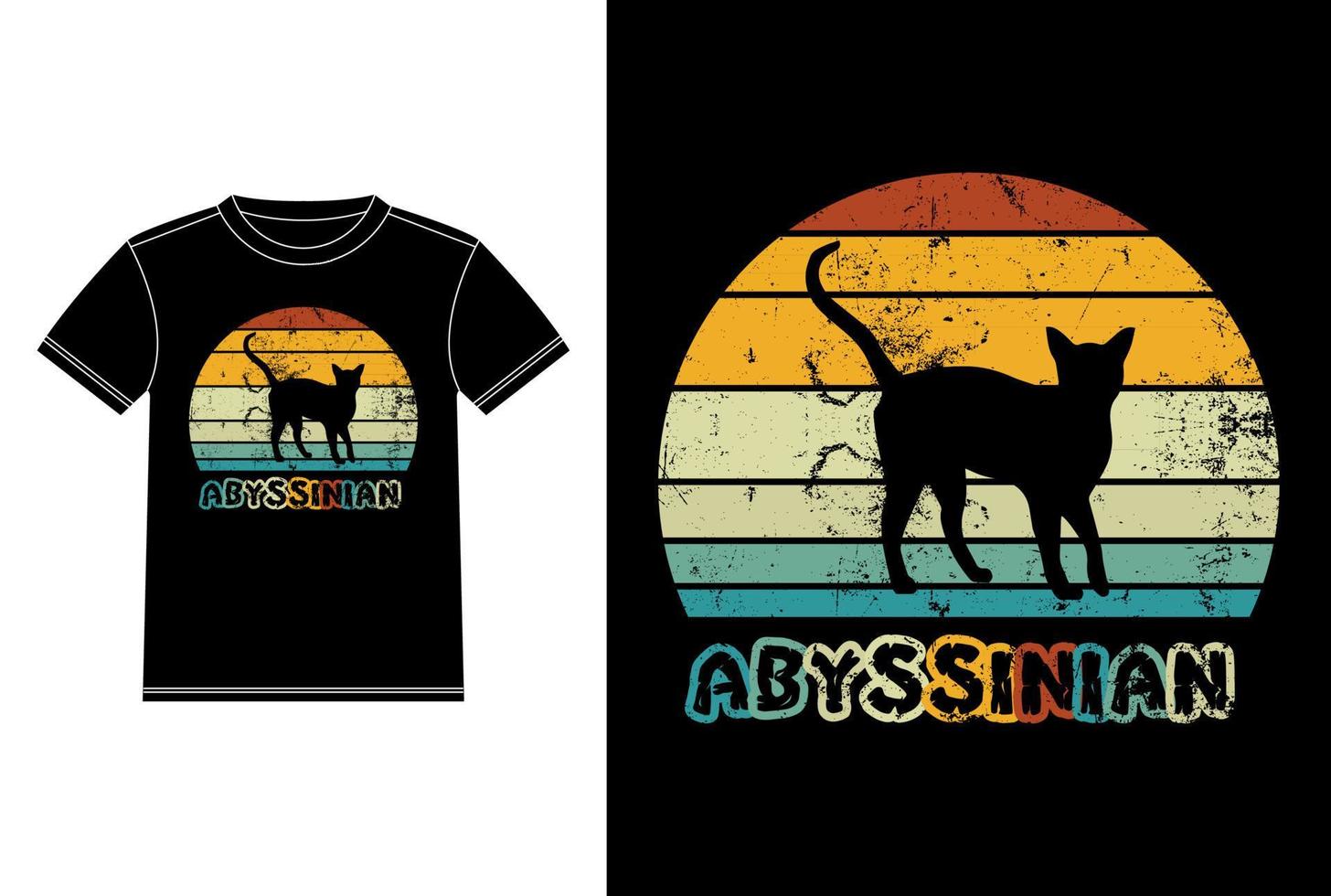 modèle de conception de t-shirt coucher de soleil rétro vintage abyssin, chat abyssin à bord, vecteur d'autocollant de fenêtre de voiture pour les amoureux des chats, conception de vêtements noir sur blanc