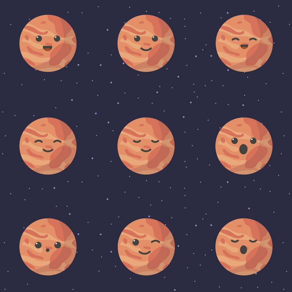 personnage de dessin animé mignon planète mars. ensemble de planètes de dessin animé mignon avec différentes émotions. illustration vectorielle vecteur