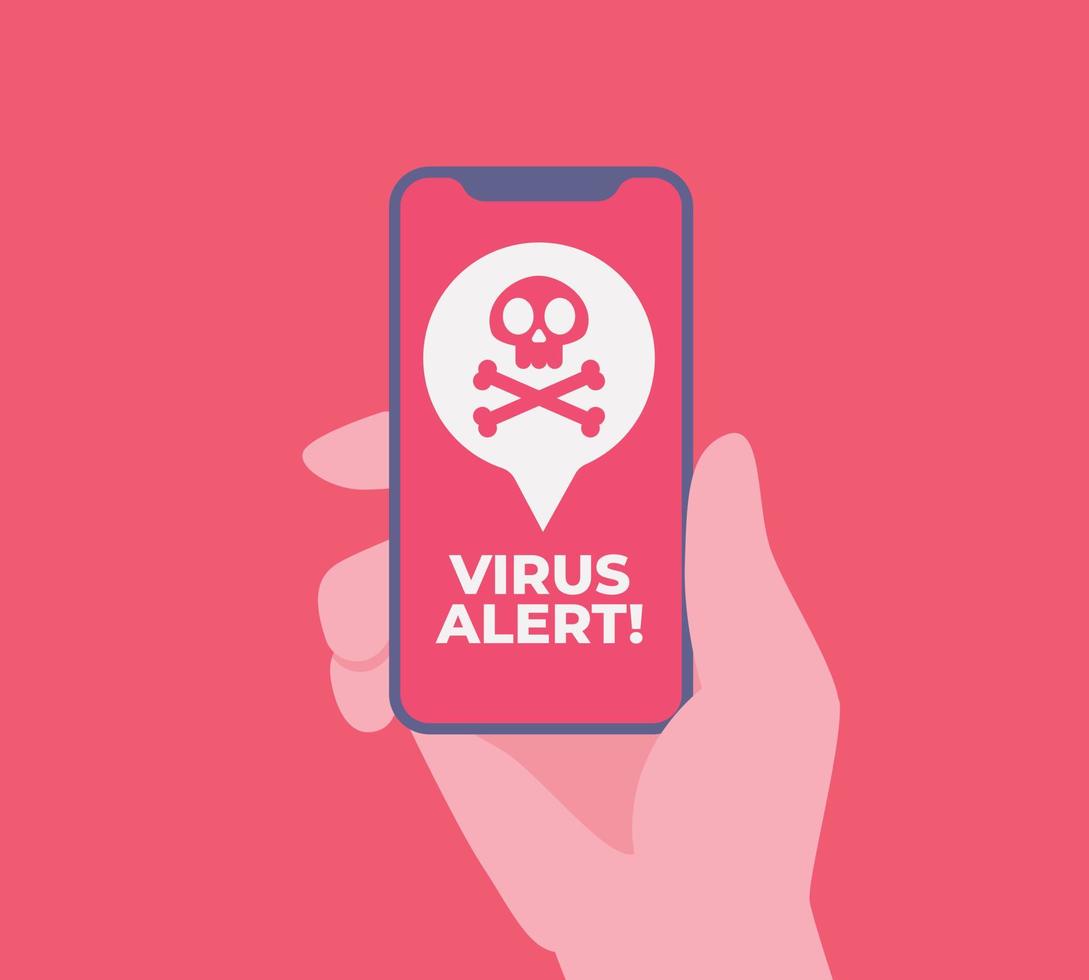 notification de message d'alerte de virus sur smartphone. notification de logiciels malveillants et de virus ou erreur dans le téléphone mobile. avertissement d'alerte rouge de données de spam, connexion non sécurisée, arnaque. illustration vectorielle. vecteur