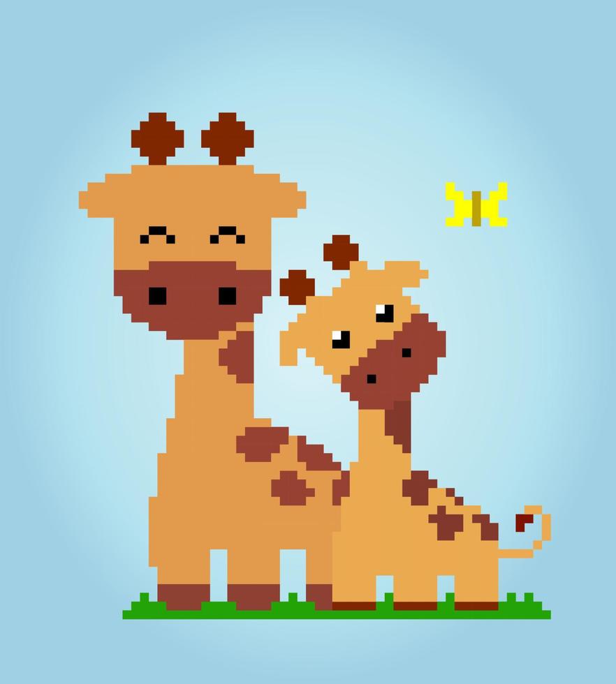 8 bits pixels girafe et son enfant. animaux pour les actifs de jeu et les motifs de point de croix dans les illustrations vectorielles. vecteur